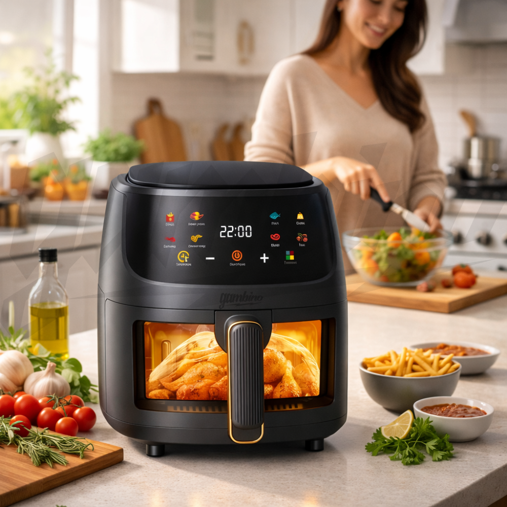 Friteuza Aer Clad Gambino 2400W, Cos sticla, Gatire fara ulei, 8 programe inteligente, Ecran tactil LED, Temperatura pana la 240°C, Oprire automata