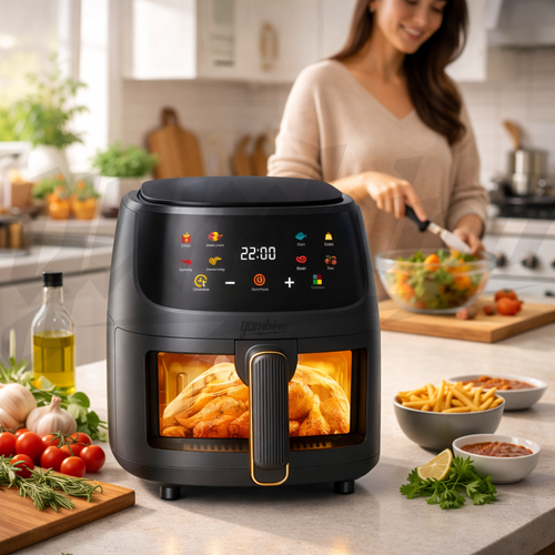 Friteuza Aer Clad Gambino 2400W, Cos sticla, Gatire fara ulei, 8 programe inteligente, Ecran tactil LED, Temperatura pana la 240°C, Oprire automata