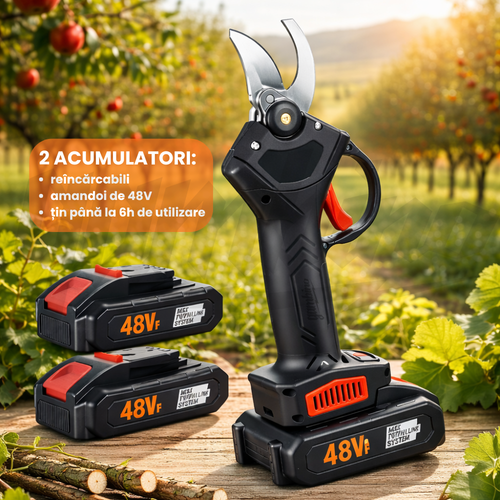 Foarfeca Electrica pentru Vie, Arbusti si Pomi, cu 2 acumulatori 48V, Accesorii, Valiza pentru transport si Manusi cadou