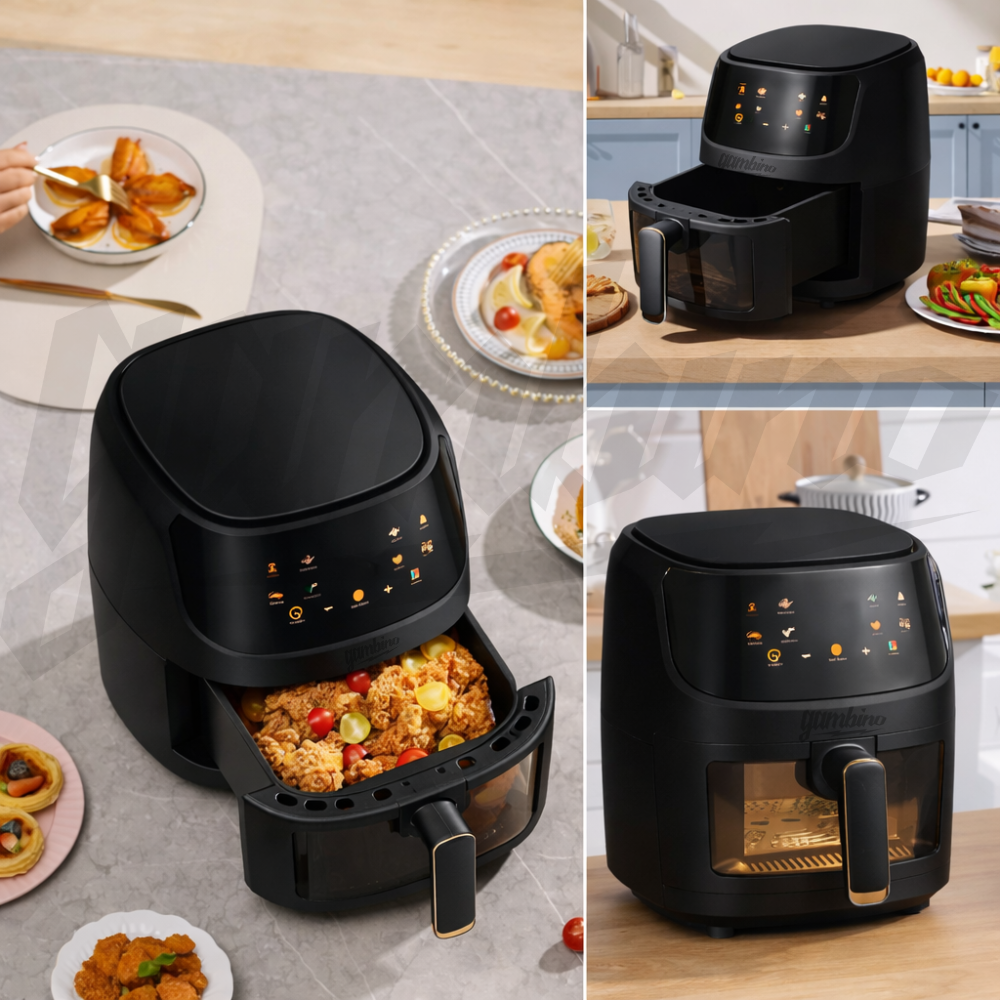 Friteuza Aer Clad Gambino 2400W, Cos sticla, Gatire fara ulei, 8 programe inteligente, Ecran tactil LED, Temperatura pana la 240°C, Oprire automata
