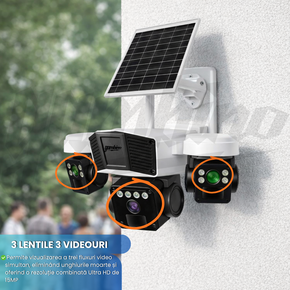 Camera de Supraveghere GAMBINO 3in1 cu Panou solar, 3Lentile, Conexiune SIM 4G, 15MP, Senzor miscare, Night Vision Color