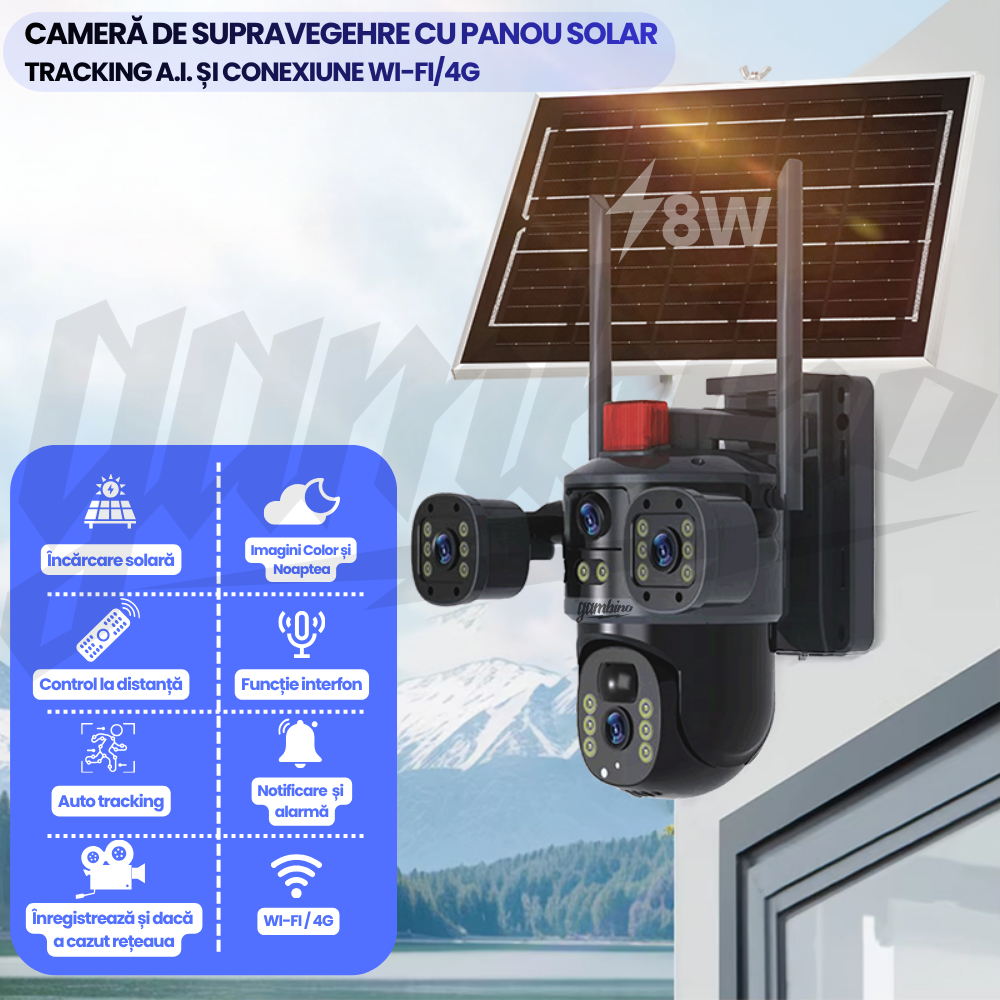 Camera de Supraveghere cu Panou Solar, WIFI, 4G, 4K UltraHD, 12MP, 10x Zoom, Urmarie Automata, Inteligenta Artificiala, Night Vision Color