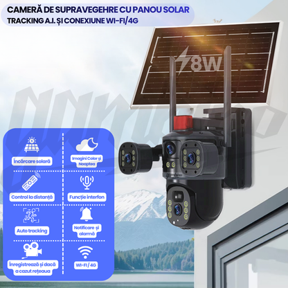 Camera de Supraveghere cu Panou Solar, WIFI, 4G, 4K UltraHD, 12MP, 10x Zoom, Urmarie Automata, Inteligenta Artificiala, Night Vision Color