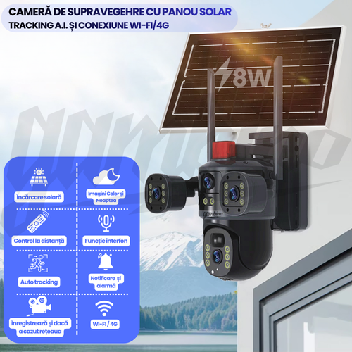 Camera de Supraveghere cu Panou Solar, WIFI, 4G, 4K UltraHD, 12MP, 10x Zoom, Urmarie Automata, Inteligenta Artificiala, Night Vision Color