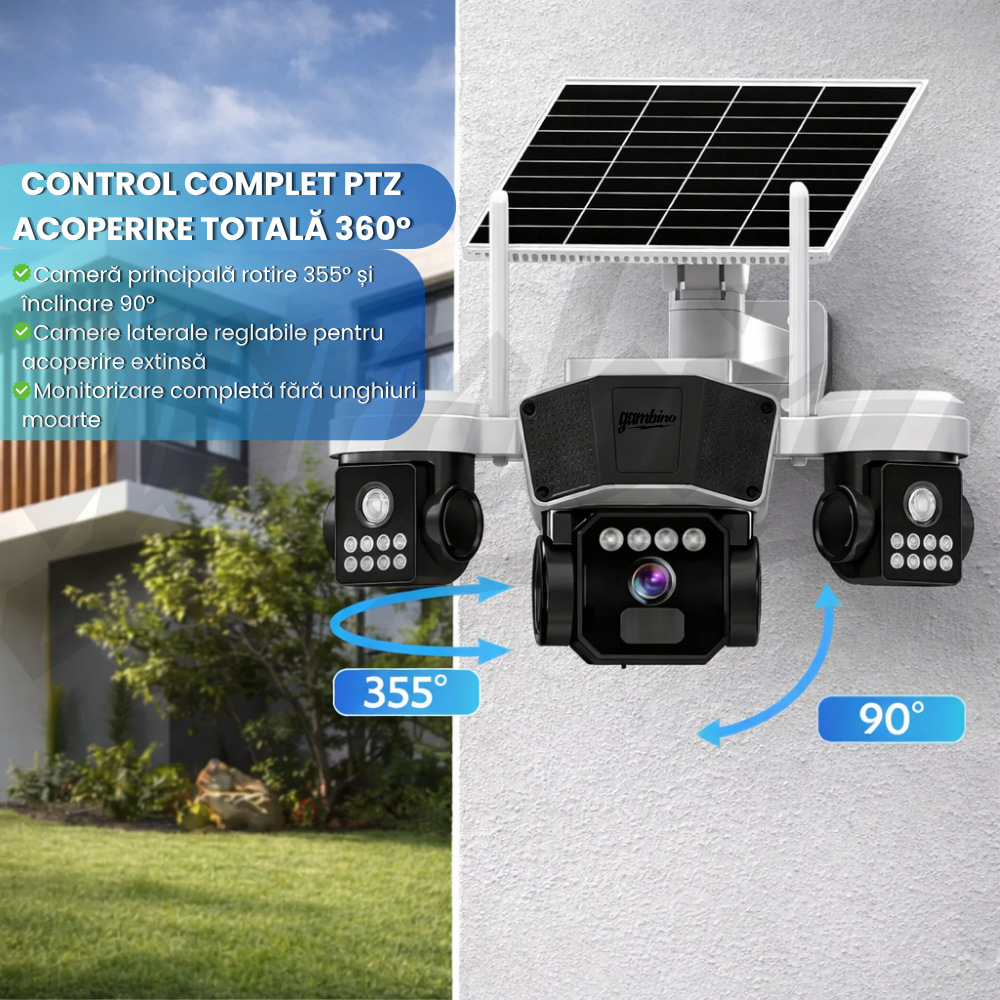 Camera de Supraveghere GAMBINO 3in1 cu Panou solar, 3Lentile, Conexiune SIM 4G, 15MP, Senzor miscare, Night Vision Color