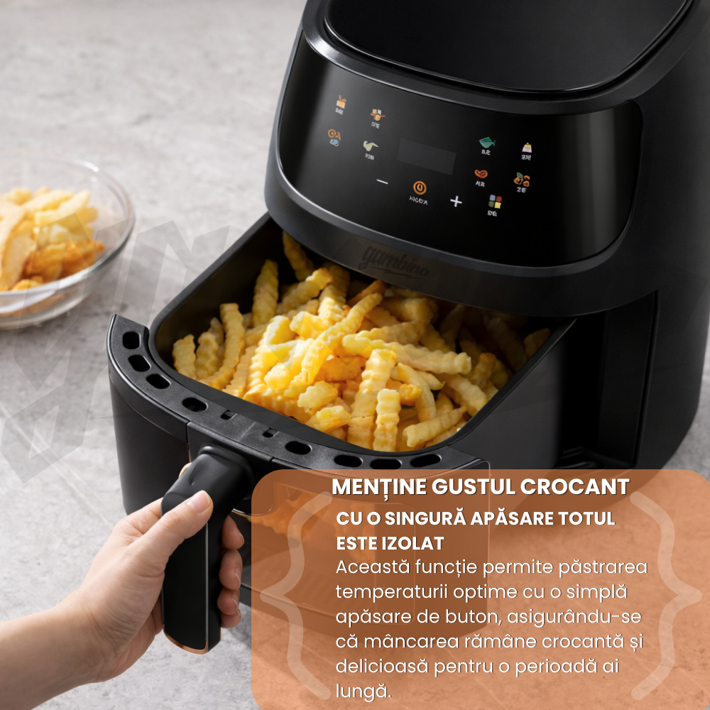Friteuza Aer Clad Gambino 2400W, Cos sticla, Gatire fara ulei, 8 programe inteligente, Ecran tactil LED, Temperatura pana la 240°C, Oprire automata