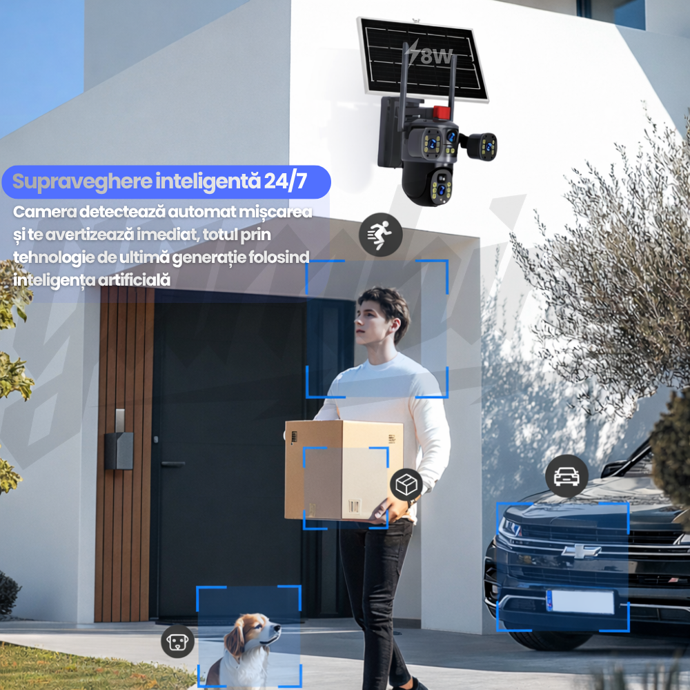 Camera de Supraveghere cu Panou Solar, WIFI, 4G, 4K UltraHD, 12MP, 10x Zoom, Urmarie Automata, Inteligenta Artificiala, Night Vision Color