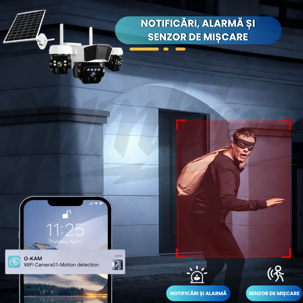 Camera de Supraveghere GAMBINO 3in1 cu Panou solar, 3Lentile, Conexiune SIM 4G, 15MP, Senzor miscare, Night Vision Color