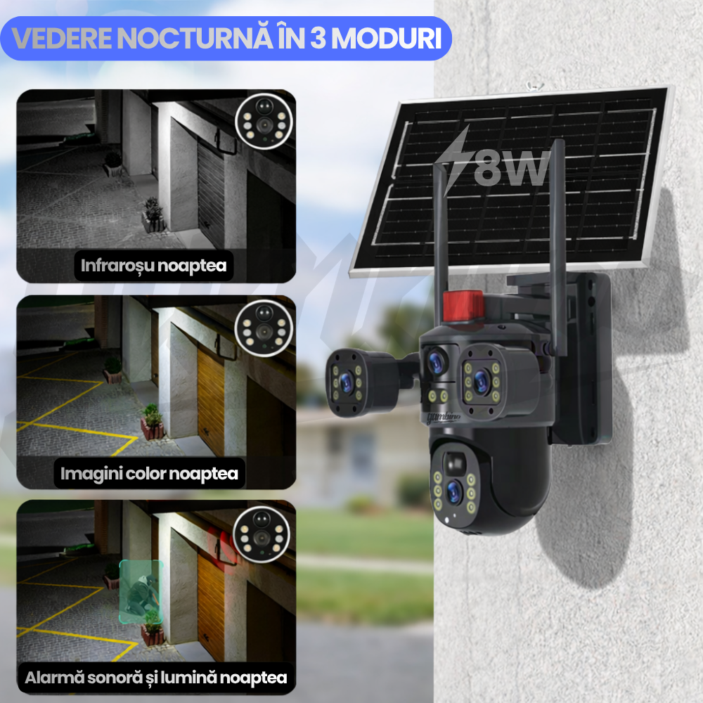 Camera de Supraveghere cu Panou Solar, WIFI, 4G, 4K UltraHD, 12MP, 10x Zoom, Urmarie Automata, Inteligenta Artificiala, Night Vision Color