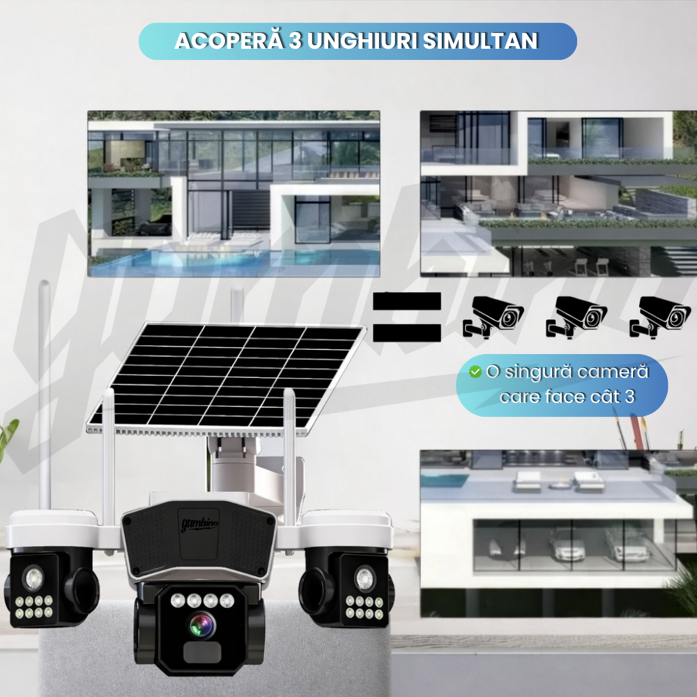 Camera de Supraveghere GAMBINO 3in1 cu Panou solar, 3Lentile, Conexiune SIM 4G, 15MP, Senzor miscare, Night Vision Color
