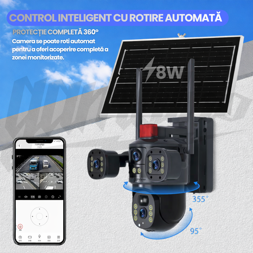 Camera de Supraveghere cu Panou Solar, WIFI, 4G, 4K UltraHD, 12MP, 10x Zoom, Urmarie Automata, Inteligenta Artificiala, Night Vision Color