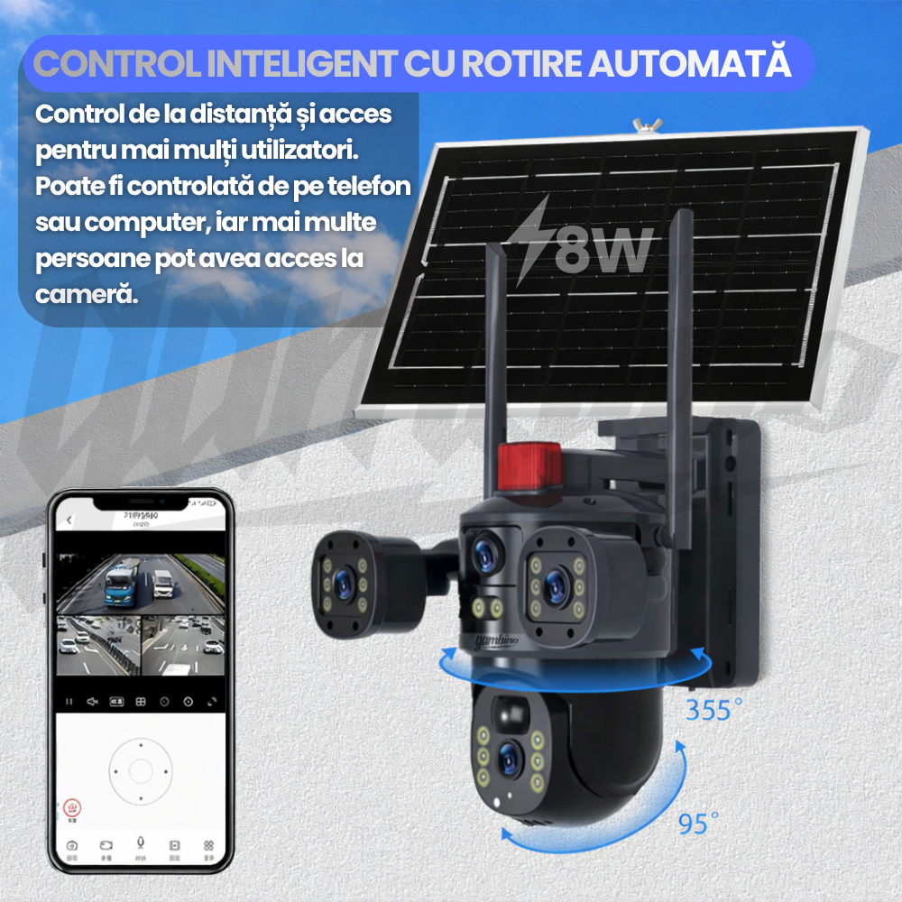 Camera de Supraveghere cu Panou Solar, WIFI, 4G, 4K UltraHD, 12MP, 10x Zoom, Urmarie Automata, Inteligenta Artificiala, Night Vision Color