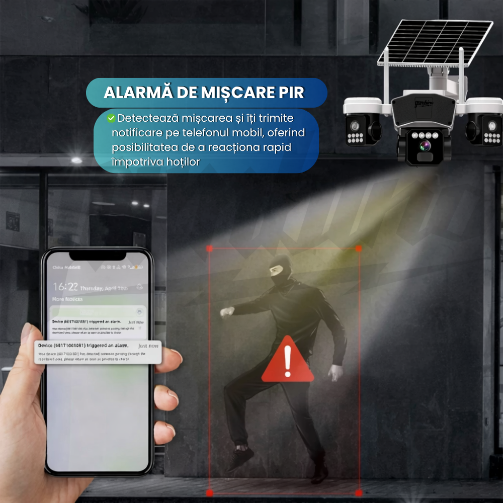 Camera de Supraveghere GAMBINO 3in1 cu Panou solar, 3Lentile, Conexiune SIM 4G, 15MP, Senzor miscare, Night Vision Color