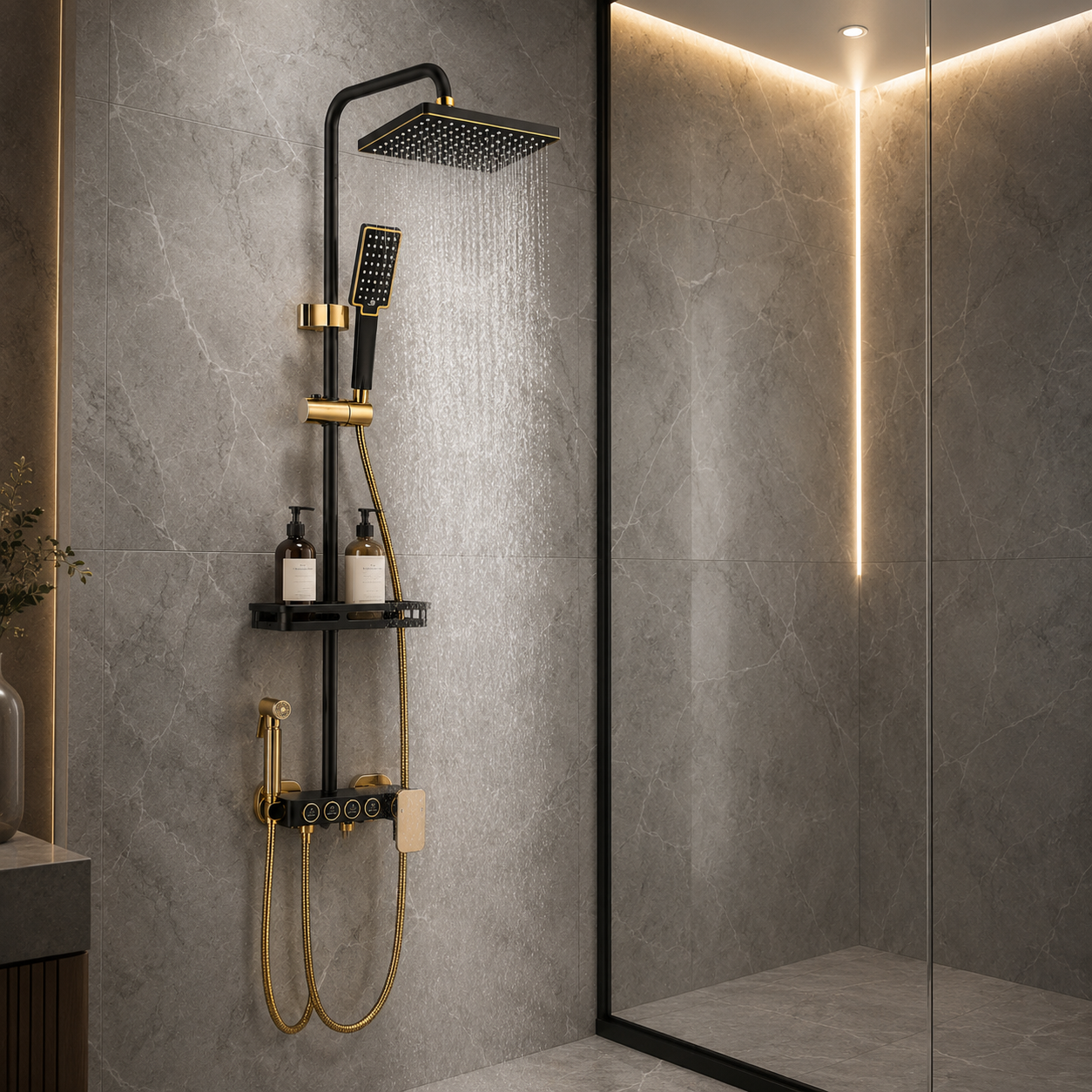 Coloana de Dus Smart Multifunctionala Negru Auriu Mat din Aluminiu si Inox