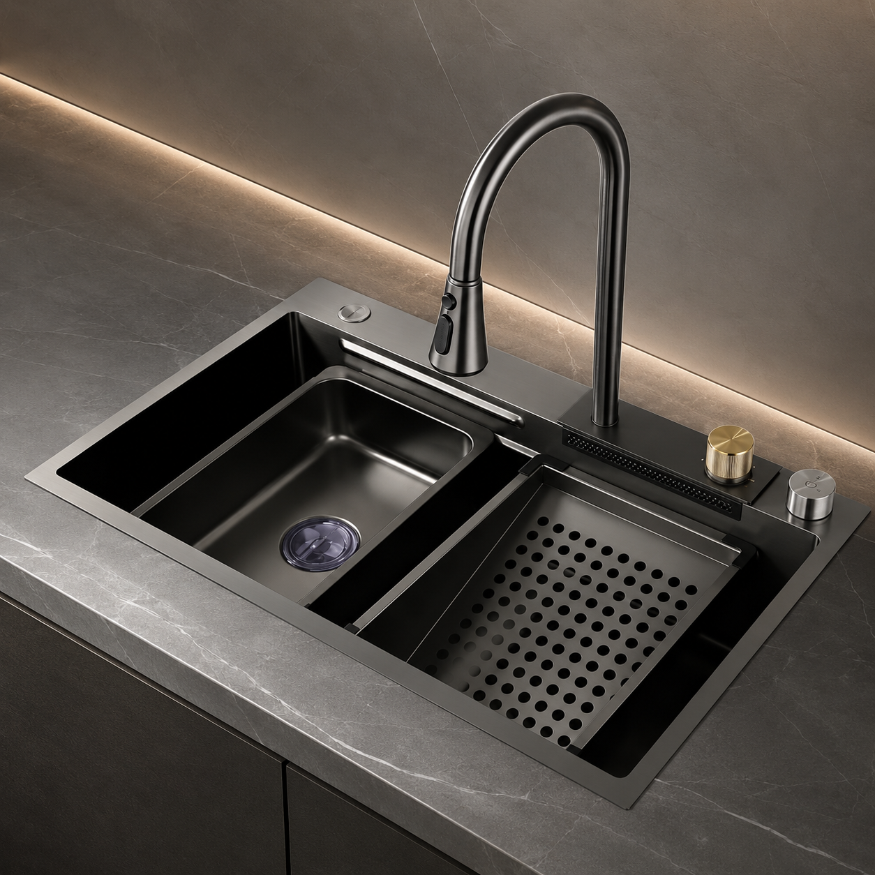 SET Chiuveta Bucatarie Inox cu Baterie Dubla, Cuva Perforare Legume/Fructe, Cuva Universala cu Dop Scurgere, Tocator, Negru Grafit