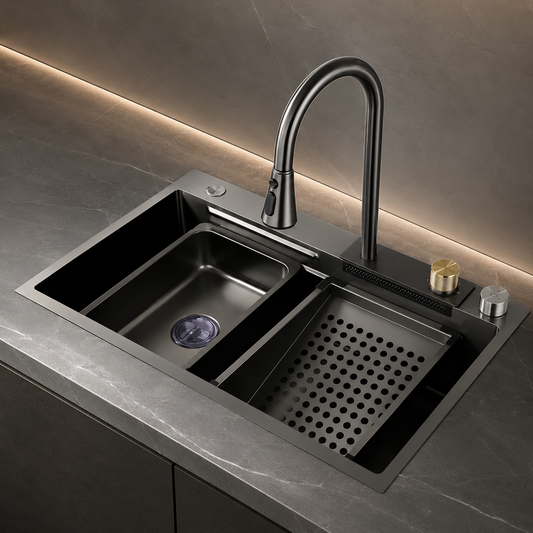 SET Chiuveta Bucatarie Inox cu Baterie Dubla, Cuva Perforare Legume/Fructe, Cuva Universala cu Dop Scurgere, Tocator, Negru Grafit