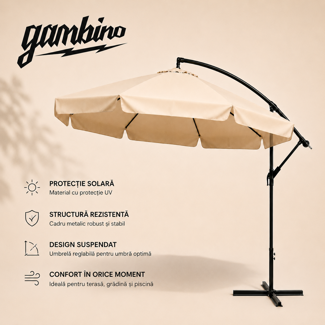 Umbrela terasa aluminiu 300 cm, reglabila, rotire 360°, manivela, bej