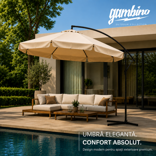 Umbrela terasa aluminiu 300 cm, reglabila, rotire 360°, manivela, bej