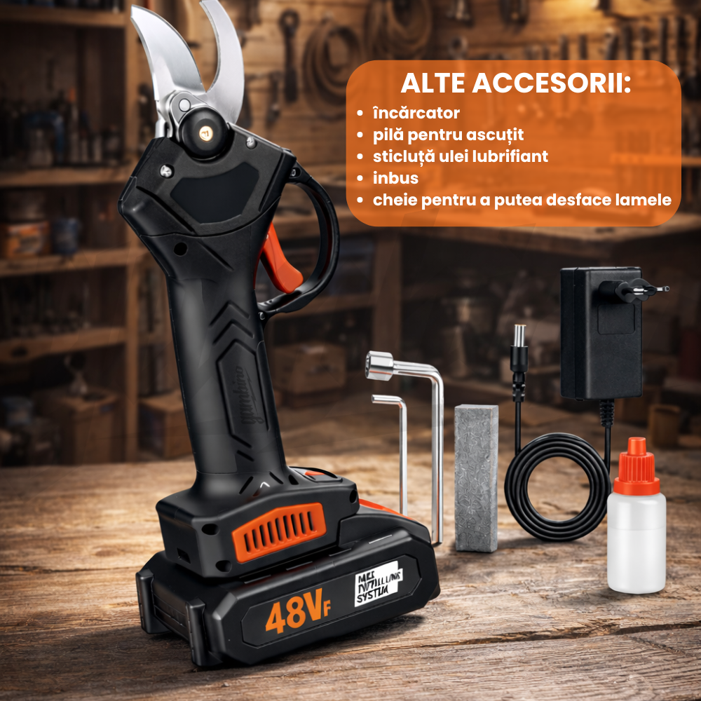 Foarfeca Electrica pentru Vie, Arbusti si Pomi, cu 2 acumulatori 48V, Accesorii, Valiza pentru transport si Manusi cadou