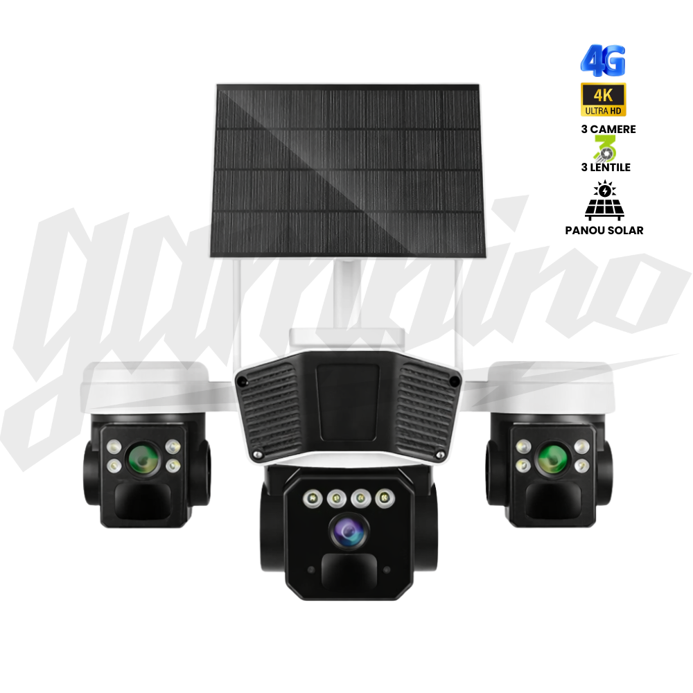 Camera de Supraveghere GAMBINO 3in1 cu Panou solar, 3Lentile, Conexiune SIM 4G, 15MP, Senzor miscare, Night Vision Color