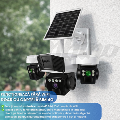 Camera de Supraveghere GAMBINO 3in1 cu Panou solar, 3Lentile, Conexiune SIM 4G, 15MP, Senzor miscare, Night Vision Color