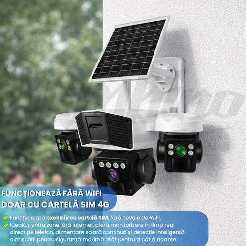 Camera de Supraveghere GAMBINO 3in1 cu Panou solar, 3Lentile, Conexiune SIM 4G, 15MP, Senzor miscare, Night Vision Color
