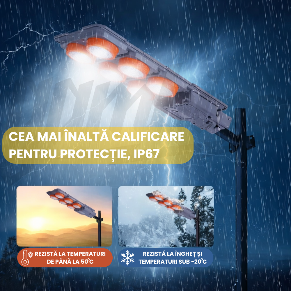 Lampa Solara Stradala - 400W, 6 Proiectoare cu Senzor de miscare, Control automat si prin telecomanda, IP67