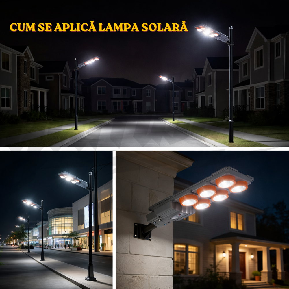 Lampa Solara Stradala - 400W, 6 Proiectoare cu Senzor de miscare, Control automat si prin telecomanda, IP67