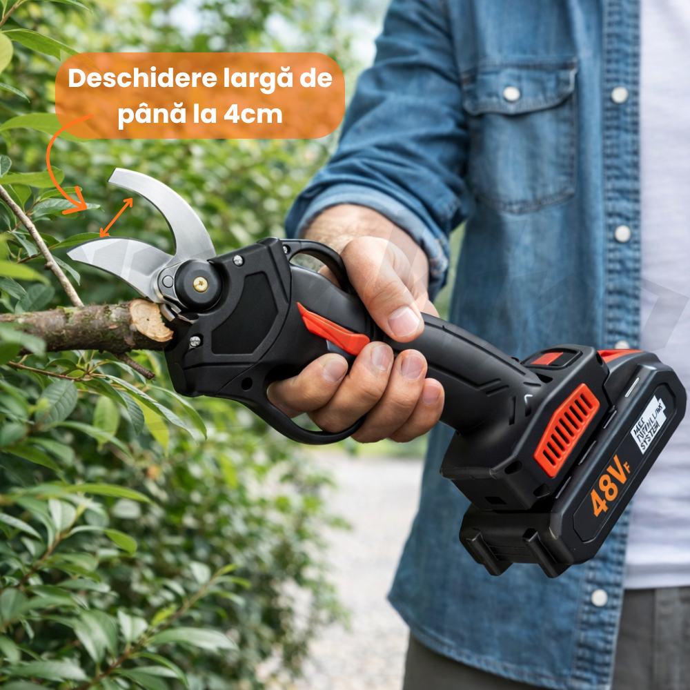 Foarfeca Electrica pentru Vie, Arbusti si Pomi, cu 2 acumulatori 48V, Accesorii, Valiza pentru transport si Manusi cadou