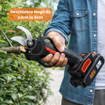Foarfeca Electrica pentru Vie, Arbusti si Pomi, cu 2 acumulatori 48V, Accesorii, Valiza pentru transport si Manusi cadou