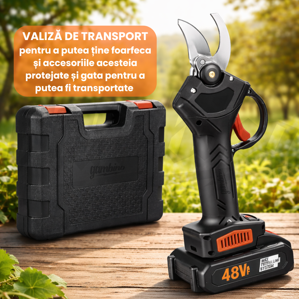 Foarfeca Electrica pentru Vie, Arbusti si Pomi, cu 2 acumulatori 48V, Accesorii, Valiza pentru transport si Manusi cadou